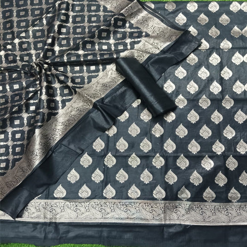 Black colour unstitched  banarasi cotton 3 pcs suit - Sarikart Online