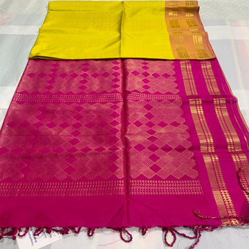 Soft Silk Saree Yellow with Pink & Golden Pallu - Sarikart Online