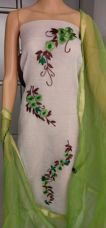 White top with parrot green dupatta Kota doria Embroidered suit