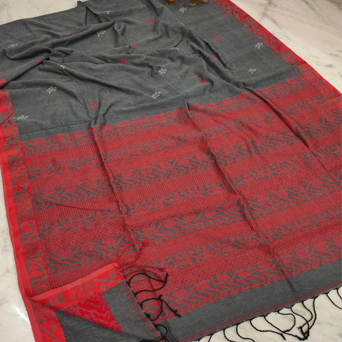 Dark Grey Base with Red colour pallu jamdani saree