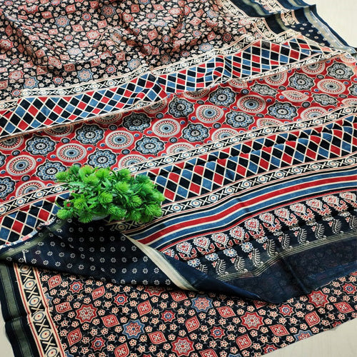 Black base ajrakh print Chanderi cotton silk saree