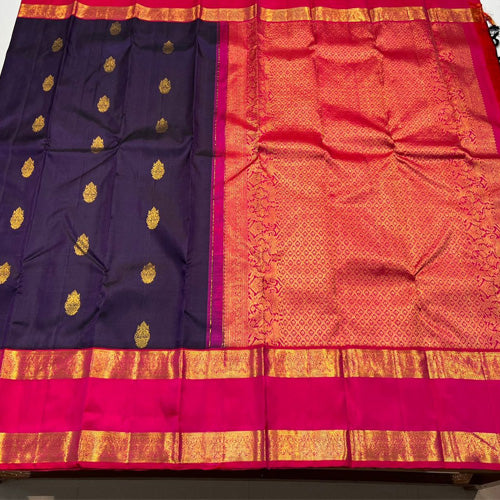 Dark blue with reddish pink color kanjivaram korvai silk saree