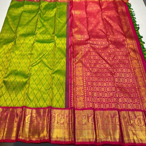 Green & pink color kanjivaram korvai handloom silk saree