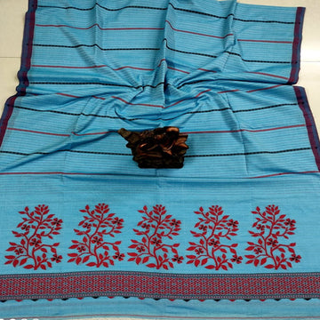 Blue color pure masrised cotton jamdani sarees with bp