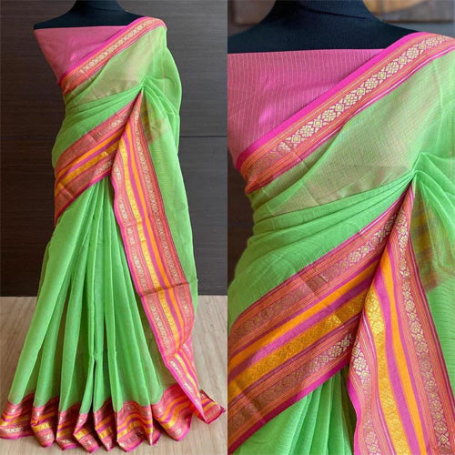 Pista green with Banarasi border handloom saree with bp