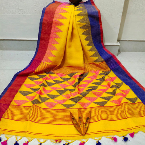 Yellow color pure linen karat par saree with bp