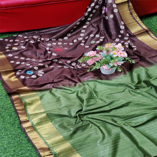 Coffee & olive color Khadi Tradition bandhani shibori saree with bp