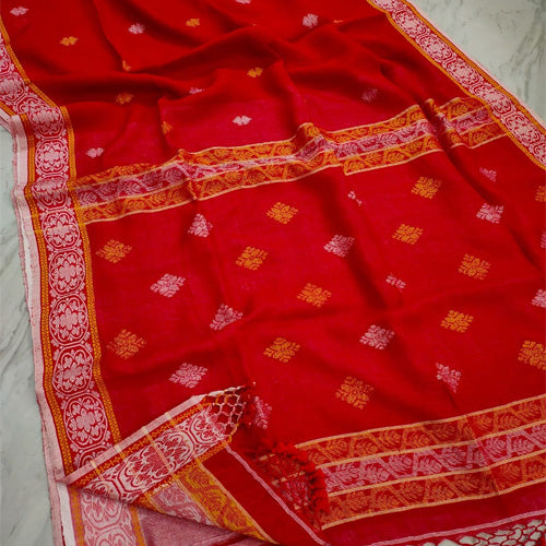 Red color linen Jamdani