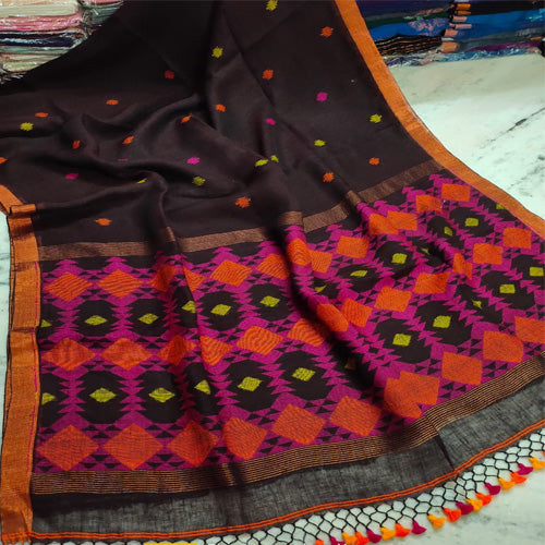 Dark brown color linen Jamdani saree