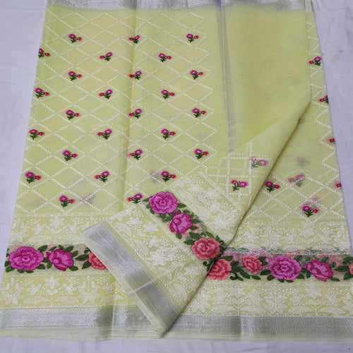 Lemon yellow color Kota doria embroidery saree