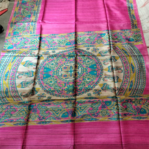 Dark pink Ghicha with madhubani printed contrasting Border and Pallu - Sarikart Online