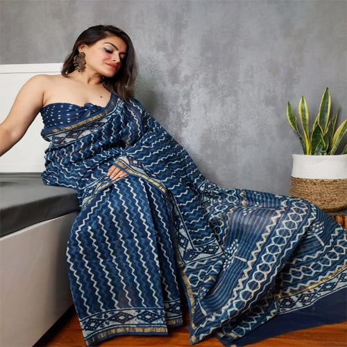 Indigo print Chanderi cotton silk saree with hand block print - Sarikart Online