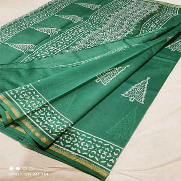 Bottle green1 dabu print Chanderi cotton silk saree with hand block print