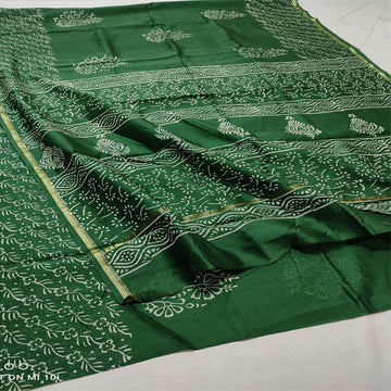 Bottle green color2 dabu print Chanderi cotton silk saree with hand block print