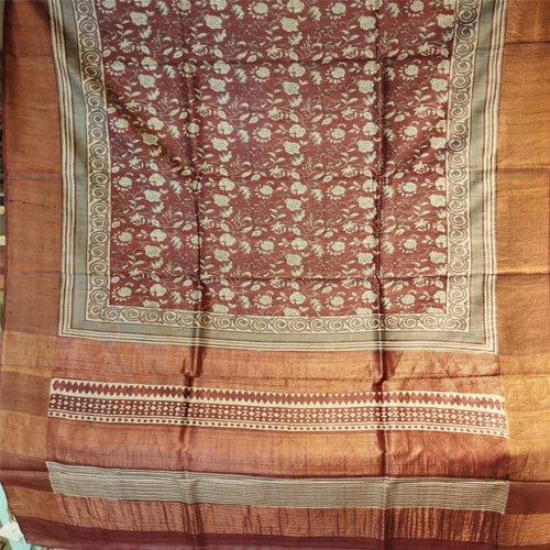 Coffee color body with floral hand block print Kosa silk saree - Sarikart Online