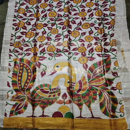 Pure Tussar Ghicha Off white color saree with madhubani painting weaving with off white border - Sarikart Online