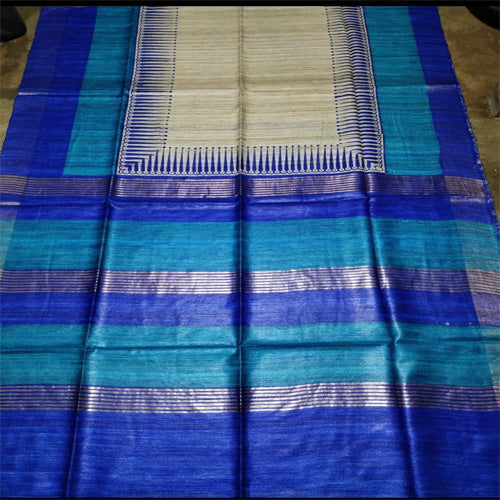 Cream body with blue border tusar ghicha saree - Sarikart Online