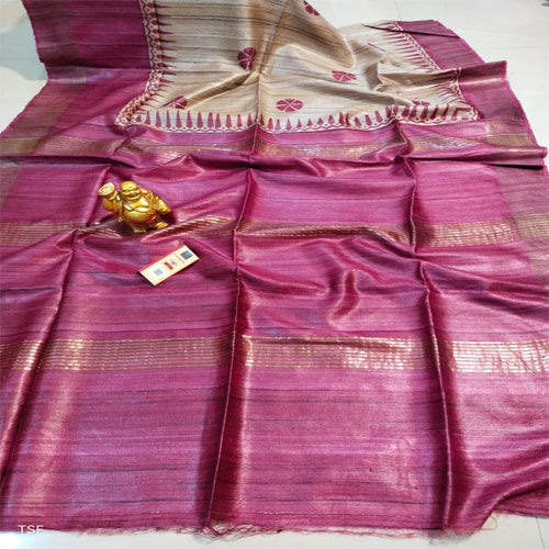 Cream body with pink border tusar ghicha saree - Sarikart Online