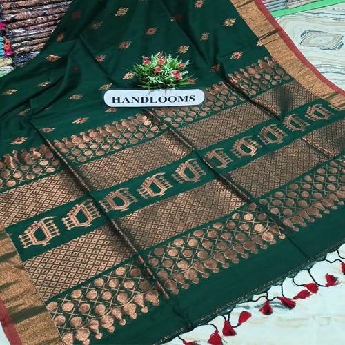 Bottle green color cotton khadi zari mina buti saree - Sarikart Online