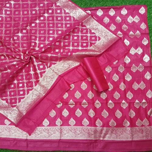 Pink color unstitched  banarasi cotton 3 pcs suit - Sarikart Online