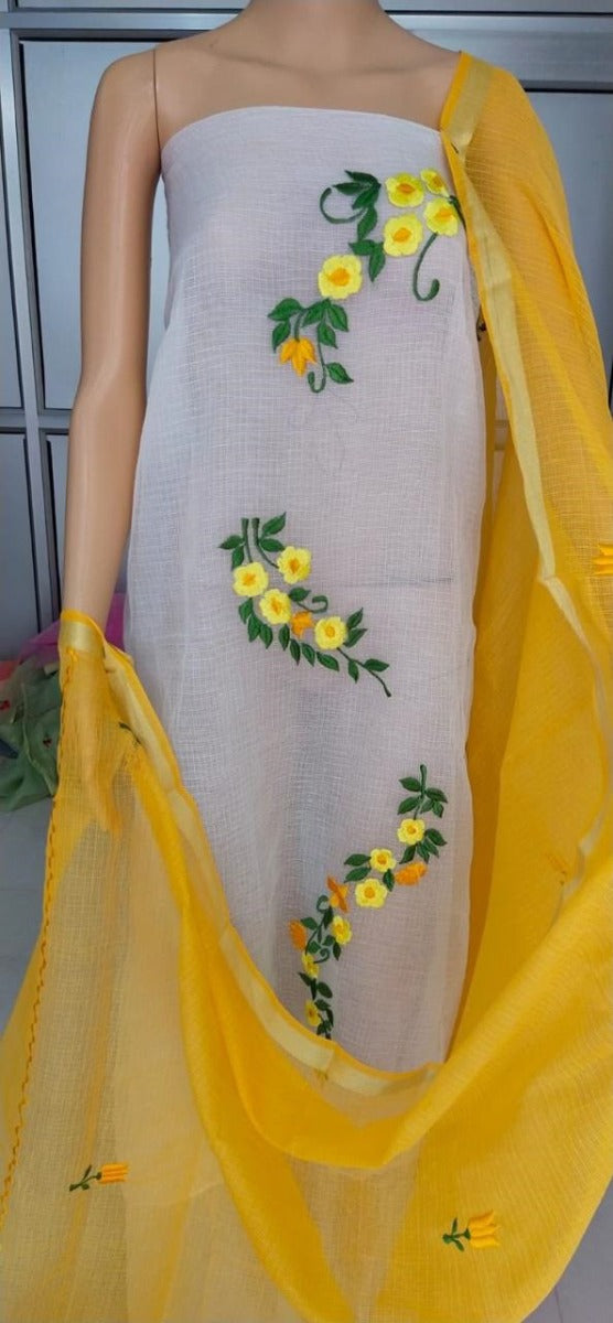 White top with yellow dupatta Kota doria Embroidered suit