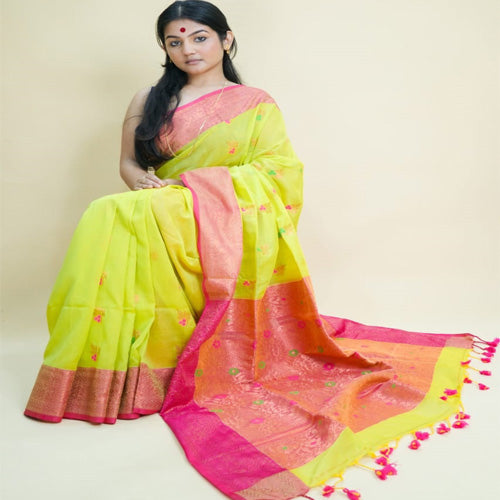 Yellow color pure mercerized cotton saree with bp - Sarikart Online