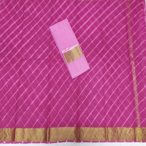 Dark Pink Cotton Kota Doria saree with Zari Line Border with running blouse - Sarikart Online