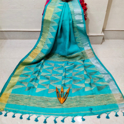 Blue color pure linen karat par saree with bp