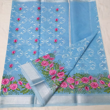 Sky blue color Kota doria embroidery saree