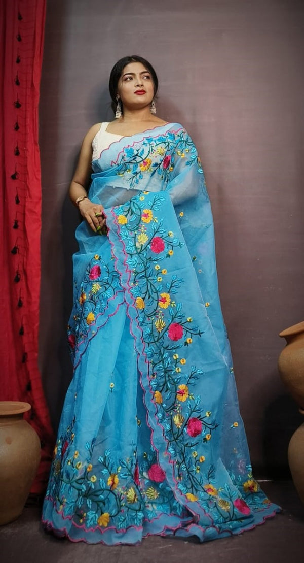 Blue color organza embroidery saree