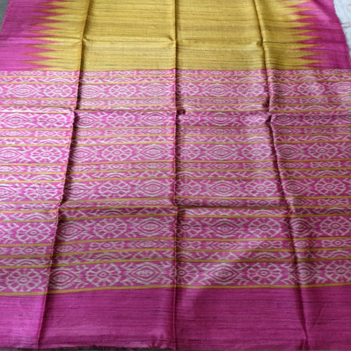 Mustard yellow Ghicha with dark pink contrasting Border and Pallu - Sarikart Online