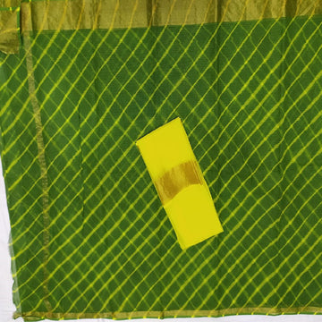 Parrot Green Cotton Kota Doria saree with Zari Line Border with running blouse - Sarikart Online