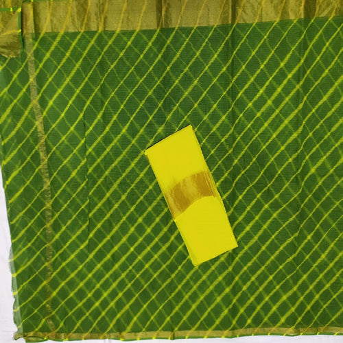 Parrot Green Cotton Kota Doria saree with Zari Line Border with running blouse - Sarikart Online