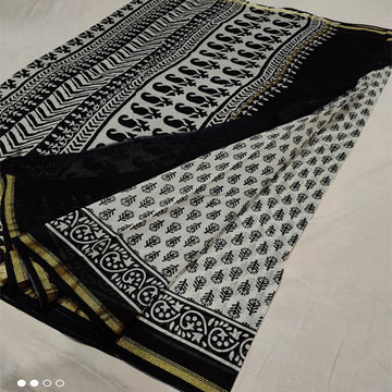 Black & white3 print Chanderi cotton silk saree with hand block print