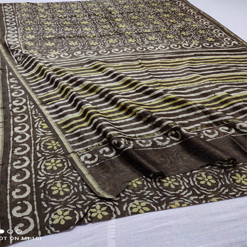Brown1 double dabu print Chanderi cotton silk saree with hand block print