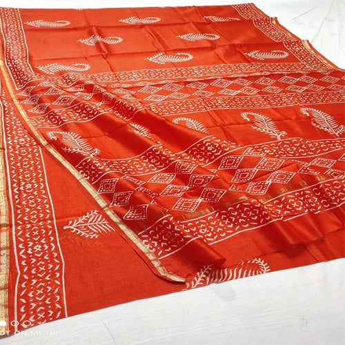 Orange color1 dabu print Chanderi cotton silk saree with hand block print