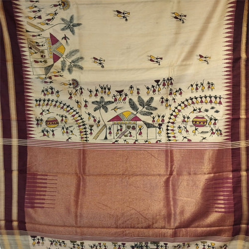 Cream body Kosa silk hand paint tribal art saree - Sarikart Online