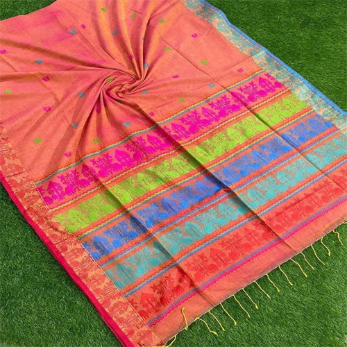 Peach color Khadi handloom cotton saree - Sarikart Online