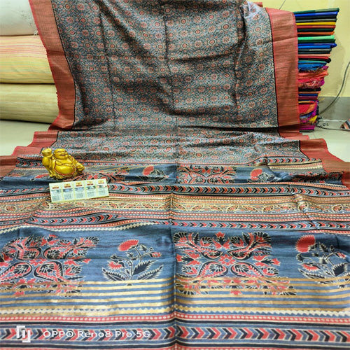 Blue body Ghicha with orange border tusar ghicha saree - Sarikart Online