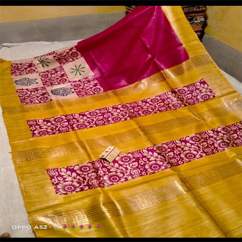 Dark pink body with mustard border tusar ghicha saree - Sarikart Online