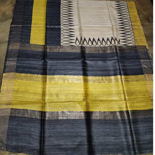 Cream body with black & yellow border tusar ghicha saree - Sarikart Online