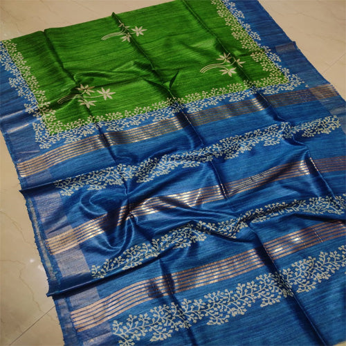 Parrot green body with blue border tusar ghicha saree - Sarikart Online