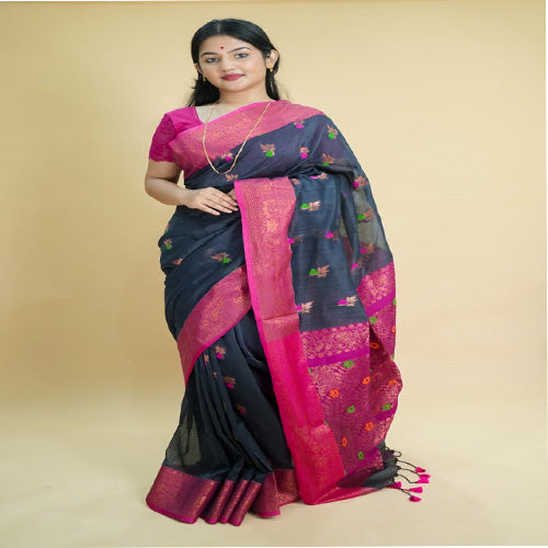 Navy blue pure mercerized cotton saree with bp - Sarikart Online