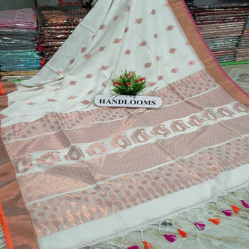 White color cotton khadi zari mina buti saree