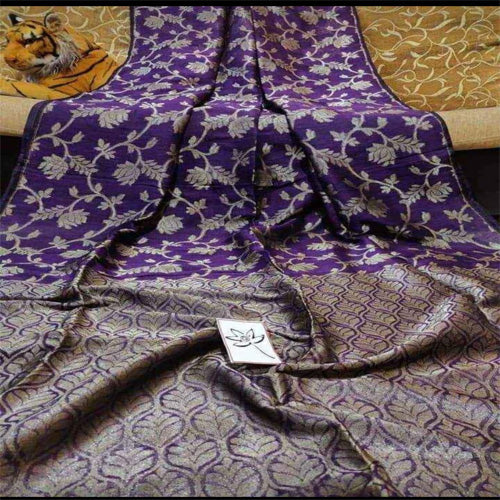 Purple with silver work pure organic linen benarasi saree