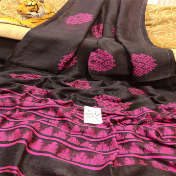 Black & pink color linen saree