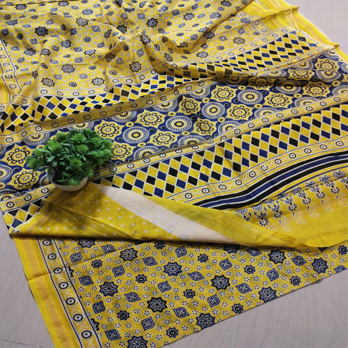 Yellow base ajrakh print Chanderi cotton silk saree