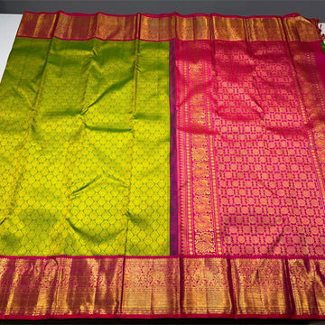 Mehandi green & pink color kanjivaram korvai handloom silk saree