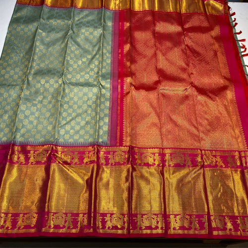 Pistachio green color kanjivaram handloom korvai silk saree