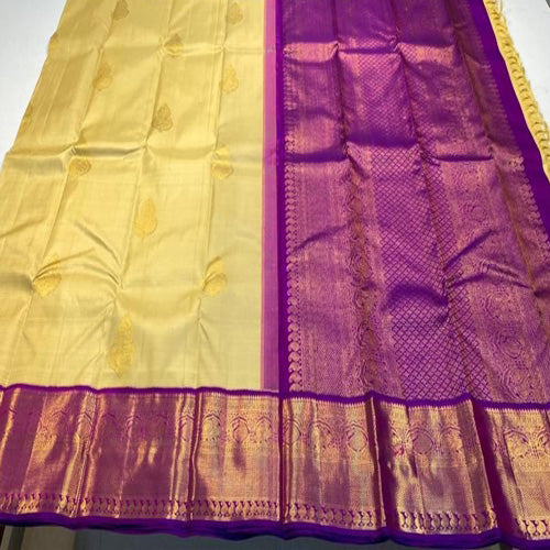 Cream & pinkish purple color kanjivaram korvai handloom silk saree